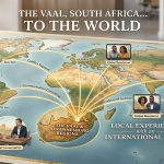 A world map displayed on a glowing digital tablet placed on an office desk next to a laptop