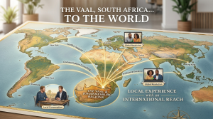 A world map displayed on a glowing digital tablet placed on an office desk next to a laptop