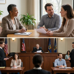 Couple meeting with a mediator above a courtroom scene with attorneys and a judge