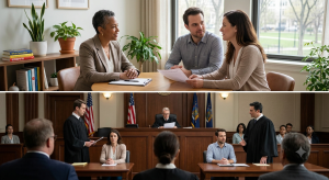 Couple meeting with a mediator above a courtroom scene with attorneys and a judge