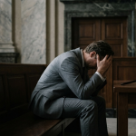 Man in a suit sitting on a courtroom bench with his head in his hands next to a wooden gavel on a table.