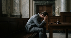 Man in a suit sitting on a courtroom bench with his head in his hands next to a wooden gavel on a table.